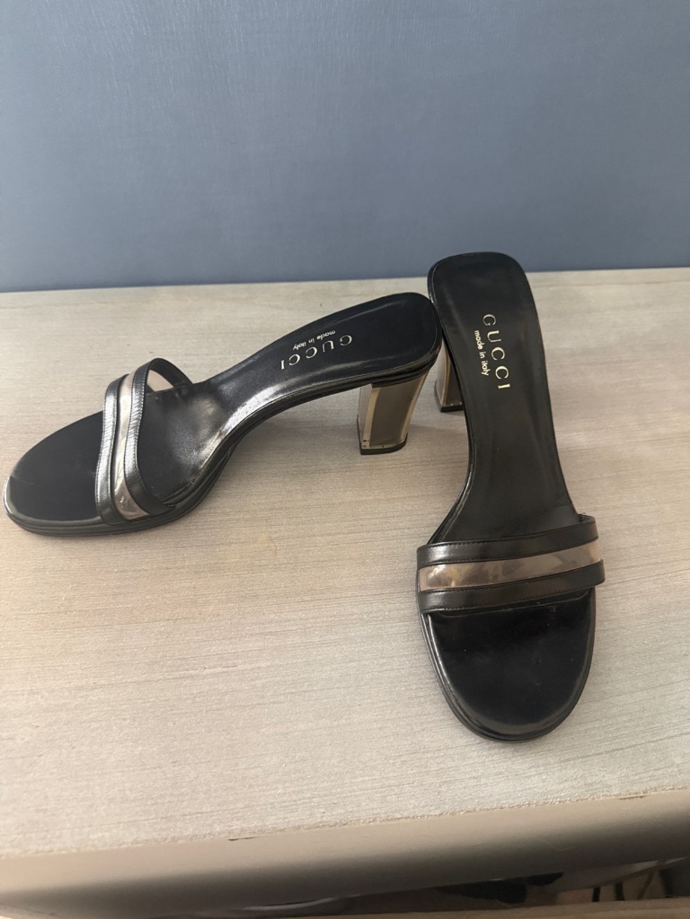 Gucci Black Leather Mule Heels with Metallic Straps
